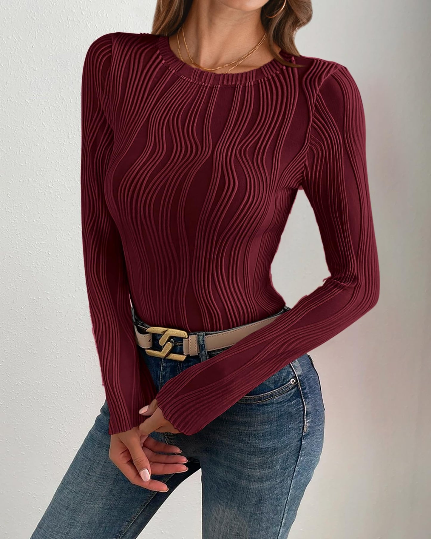 PRETTYGARDEN Women's Tops 2025 Spring Fashion Long Sleeve Crewneck Blouses Slim Fit Shirts Textured Knit Basic T Shirts(Khaki,Large)