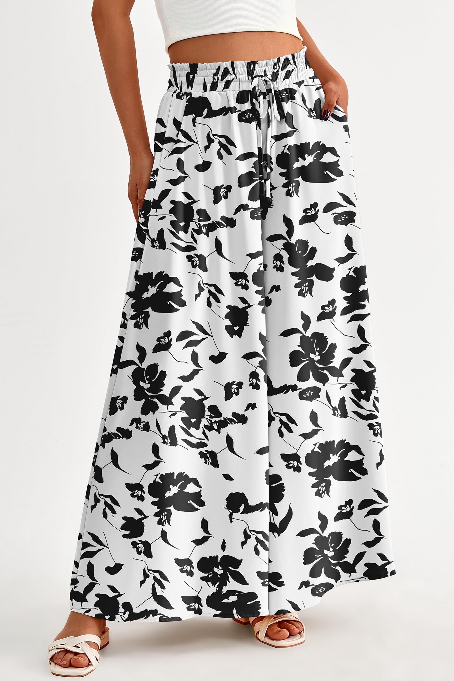 PRETTYGARDEN Women's 2025 Summer Wide Leg Palazzo Pants High Waisted Flowy Pockets Trendy Casual Lounge Boho Beach Trousers (Print Black,Small)