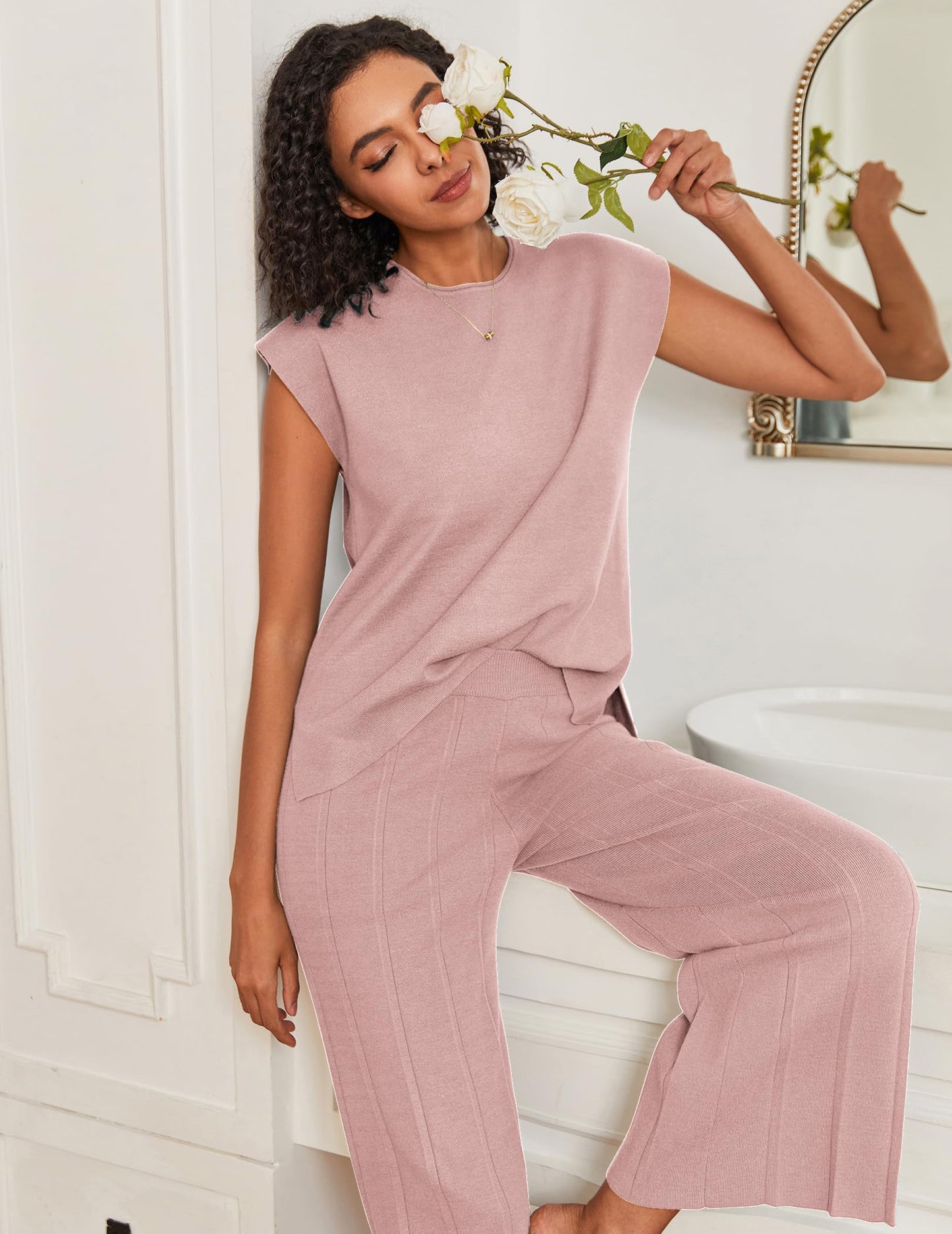 Ekouaer Lounge Sets for Women Two Piece Outfits Knit Cap Sleeve Tops Wide Leg Pleated Pants Casual Dressy Sweater Sets Beige
