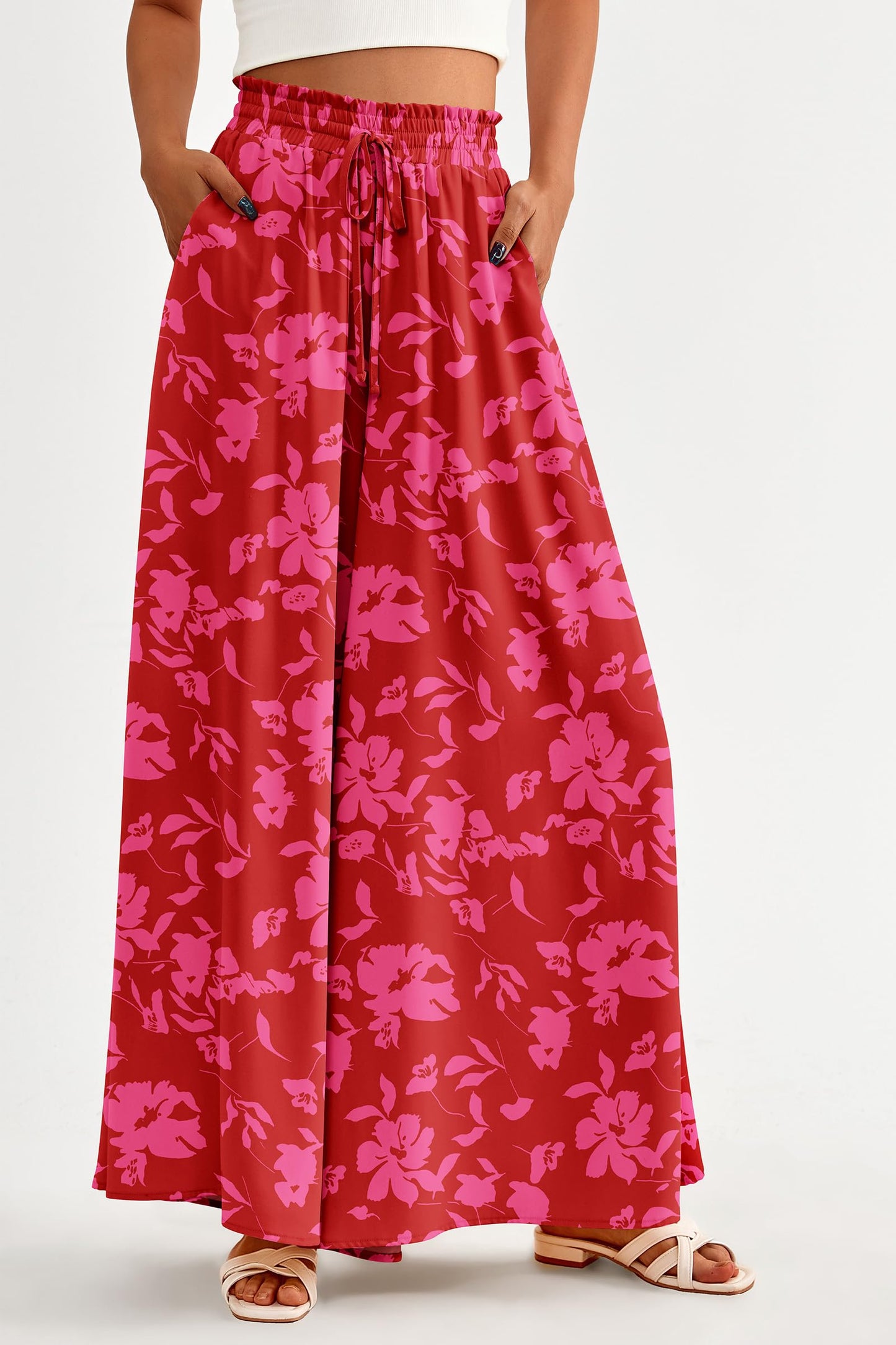 PRETTYGARDEN Women's 2025 Summer Wide Leg Palazzo Pants High Waisted Flowy Pockets Trendy Casual Lounge Boho Beach Trousers (Print Black,Small)