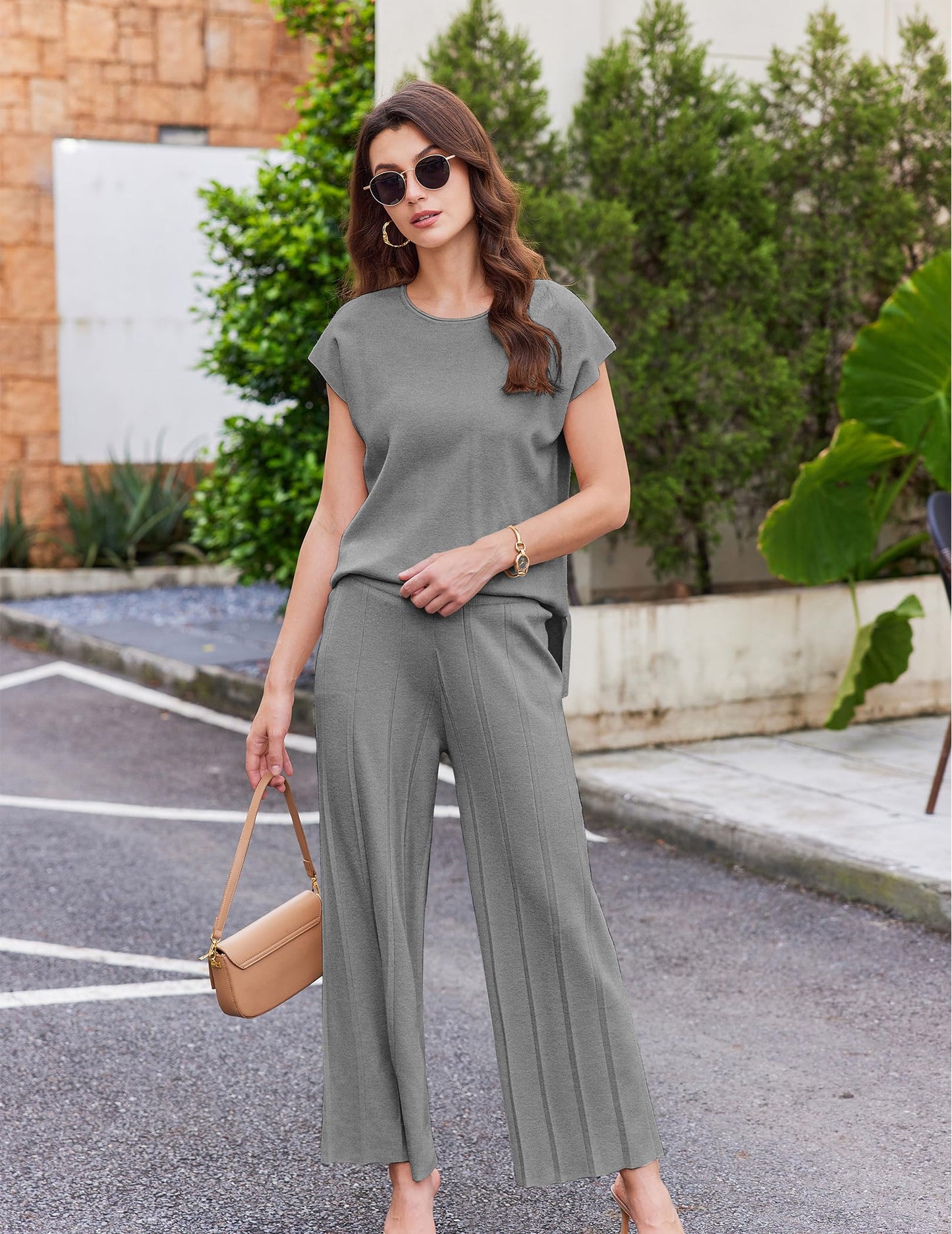 Ekouaer Lounge Sets for Women Two Piece Outfits Knit Cap Sleeve Tops Wide Leg Pleated Pants Casual Dressy Sweater Sets Beige