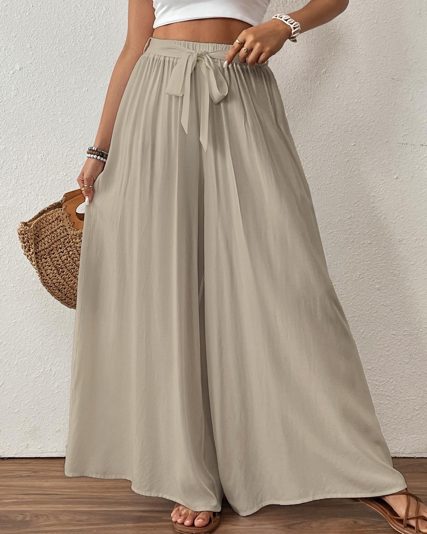 Bsubseach Wide Leg Pants Woman Flowy Floral Palazzo Pants for Women High Waisted Summer Casual Trousers Cruise Outfits Dark Green XS