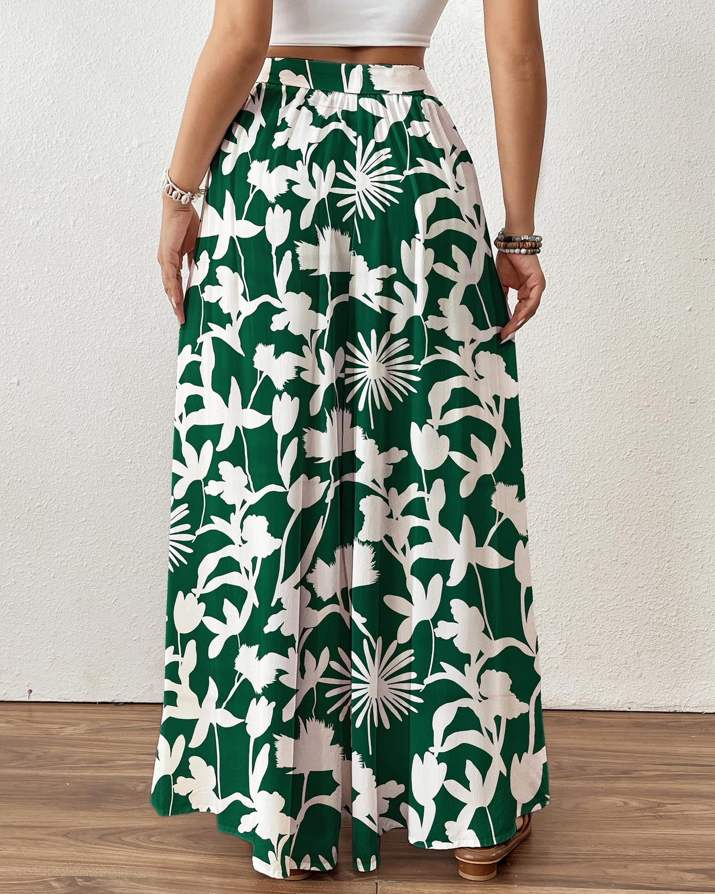 Bsubseach Wide Leg Pants Woman Flowy Floral Palazzo Pants for Women High Waisted Summer Casual Trousers Cruise Outfits Dark Green XS