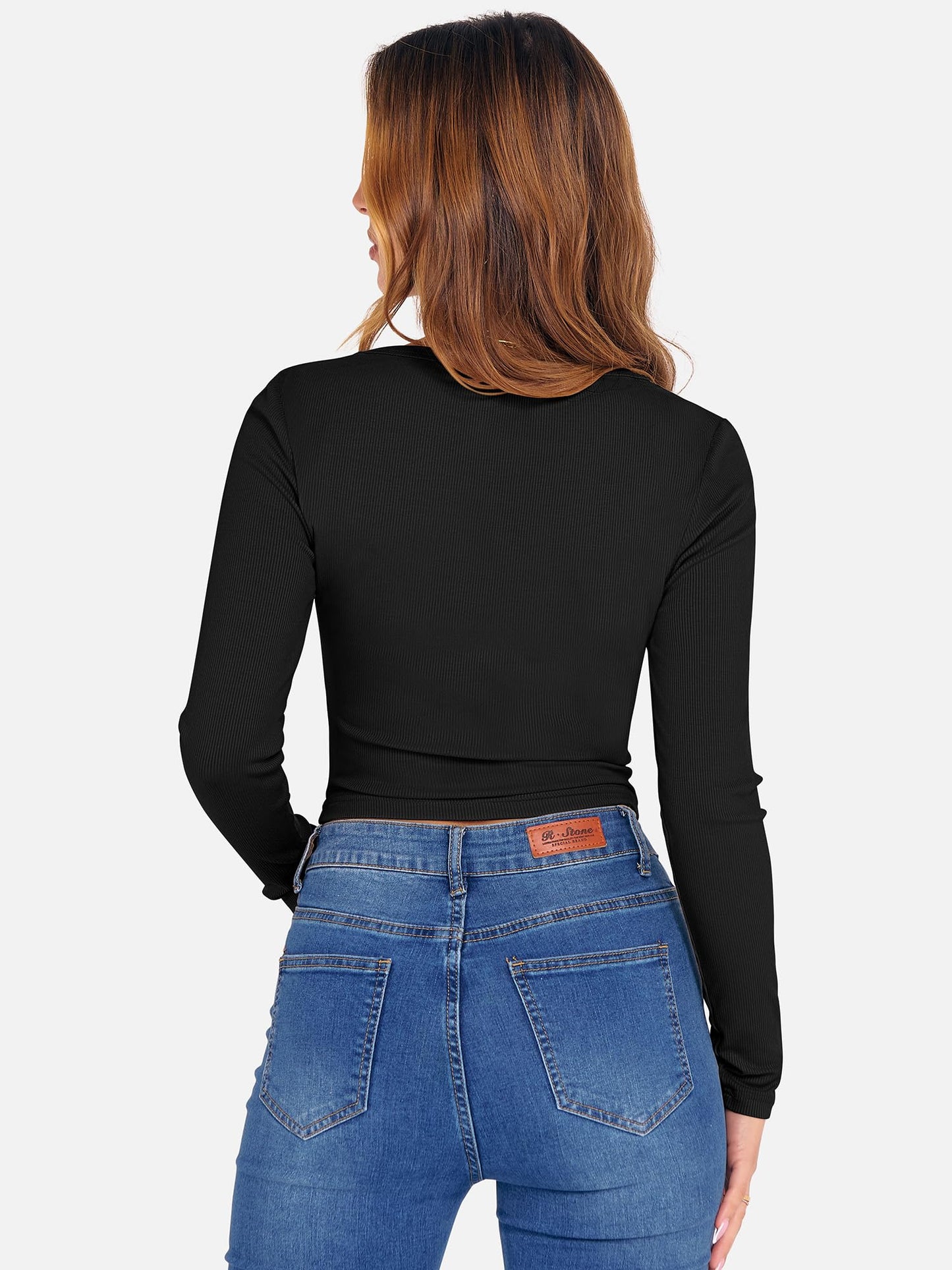ANRABESS Women's Long Sleeve Crop Top Square Neck Ribbed Slim Fitted Shirts Casual Workout Basic Tees 2025 Fall Y2k Clothes Khaki Small