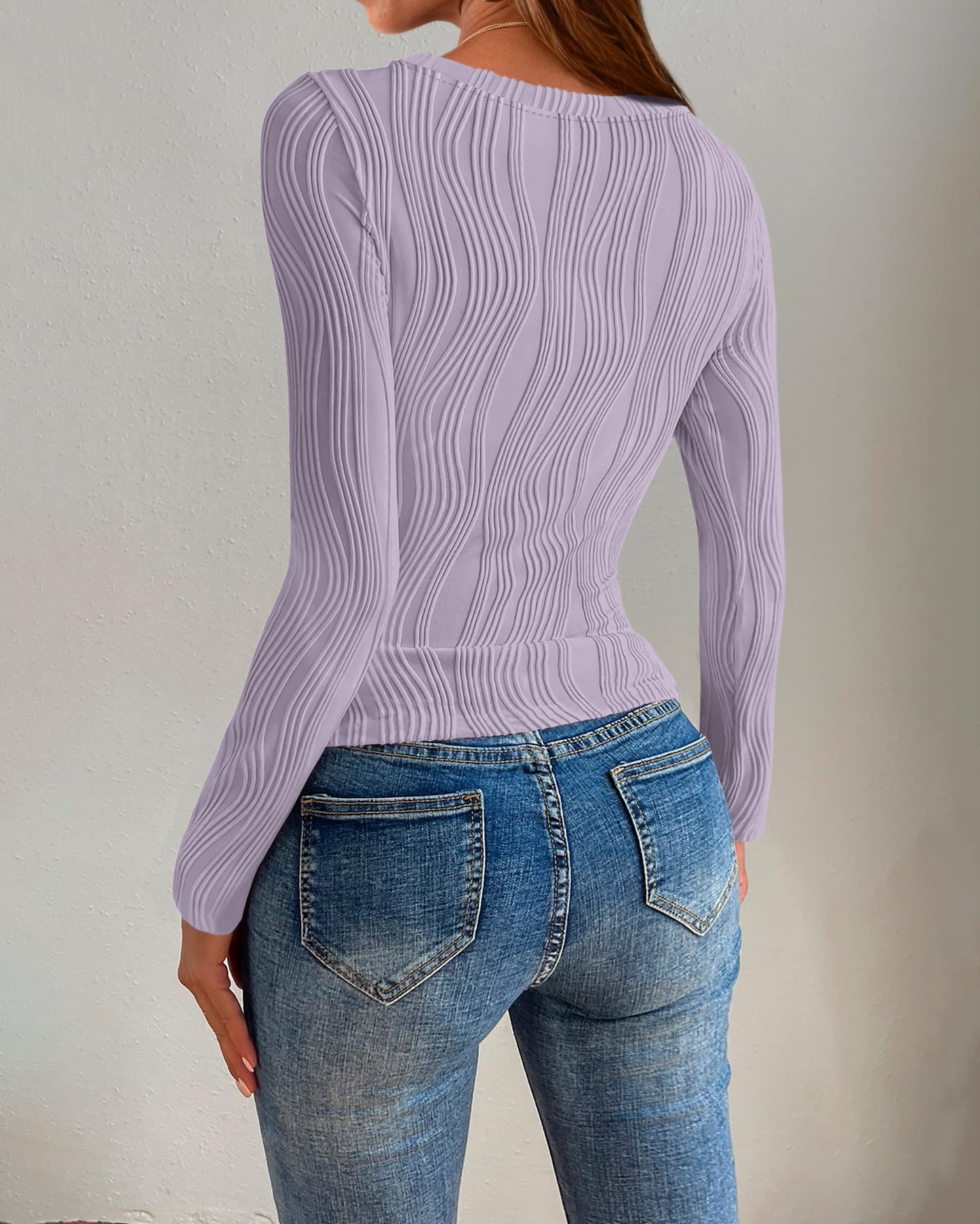 PRETTYGARDEN Women's Tops 2025 Spring Fashion Long Sleeve Crewneck Blouses Slim Fit Shirts Textured Knit Basic T Shirts(Khaki,Large)