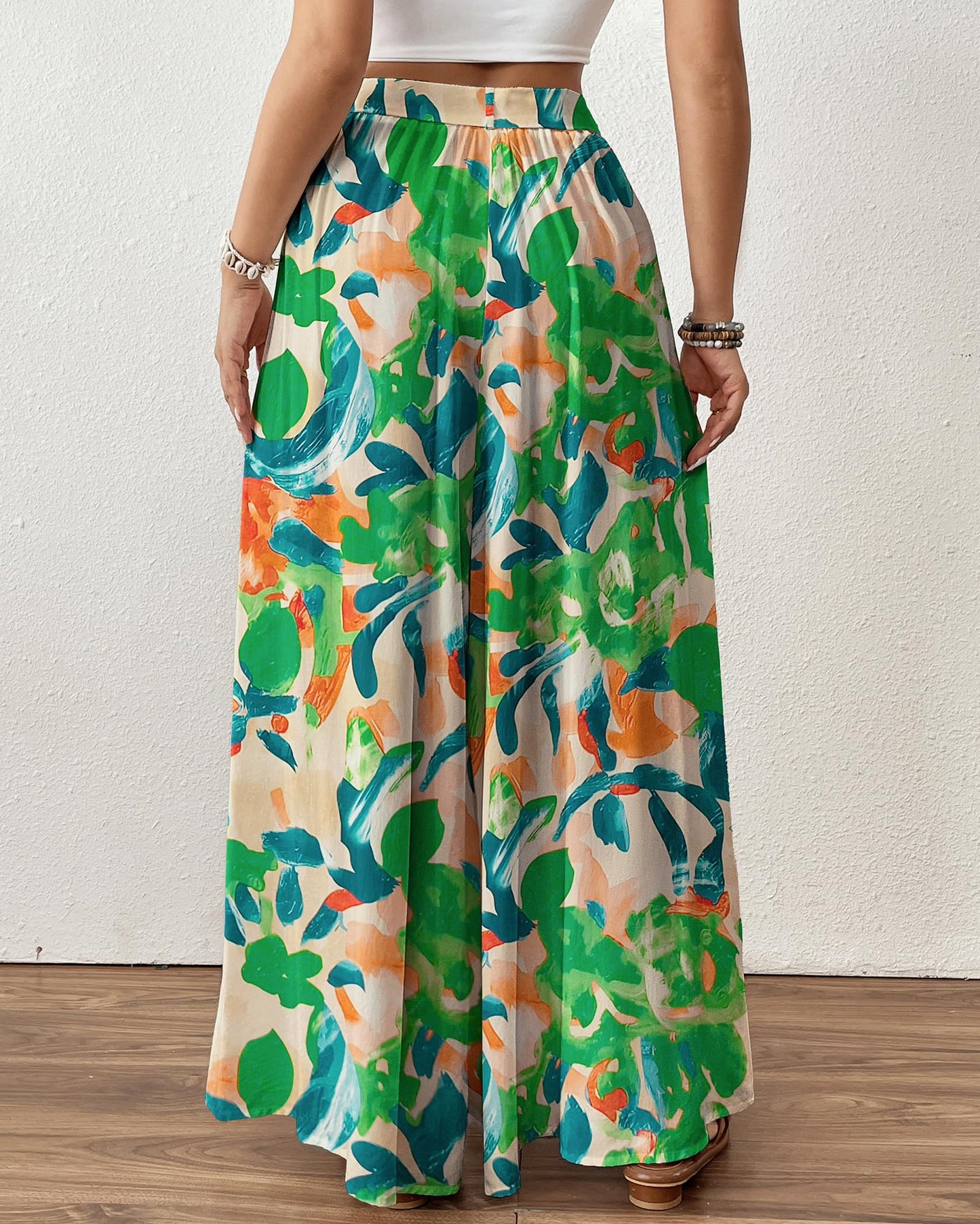 Bsubseach Wide Leg Pants Woman Flowy Floral Palazzo Pants for Women High Waisted Summer Casual Trousers Cruise Outfits Dark Green XS