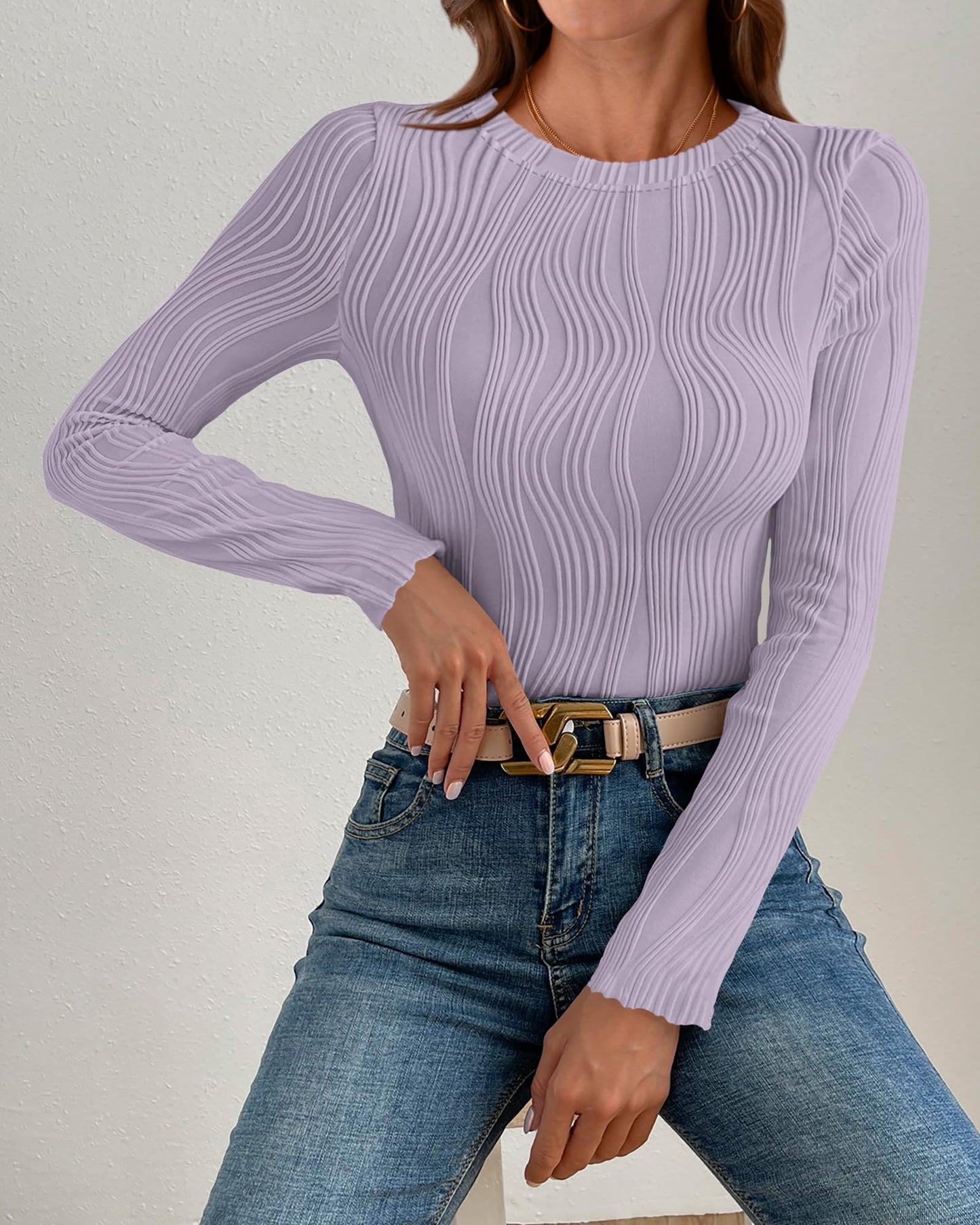 PRETTYGARDEN Women's Tops 2025 Spring Fashion Long Sleeve Crewneck Blouses Slim Fit Shirts Textured Knit Basic T Shirts(Khaki,Large)