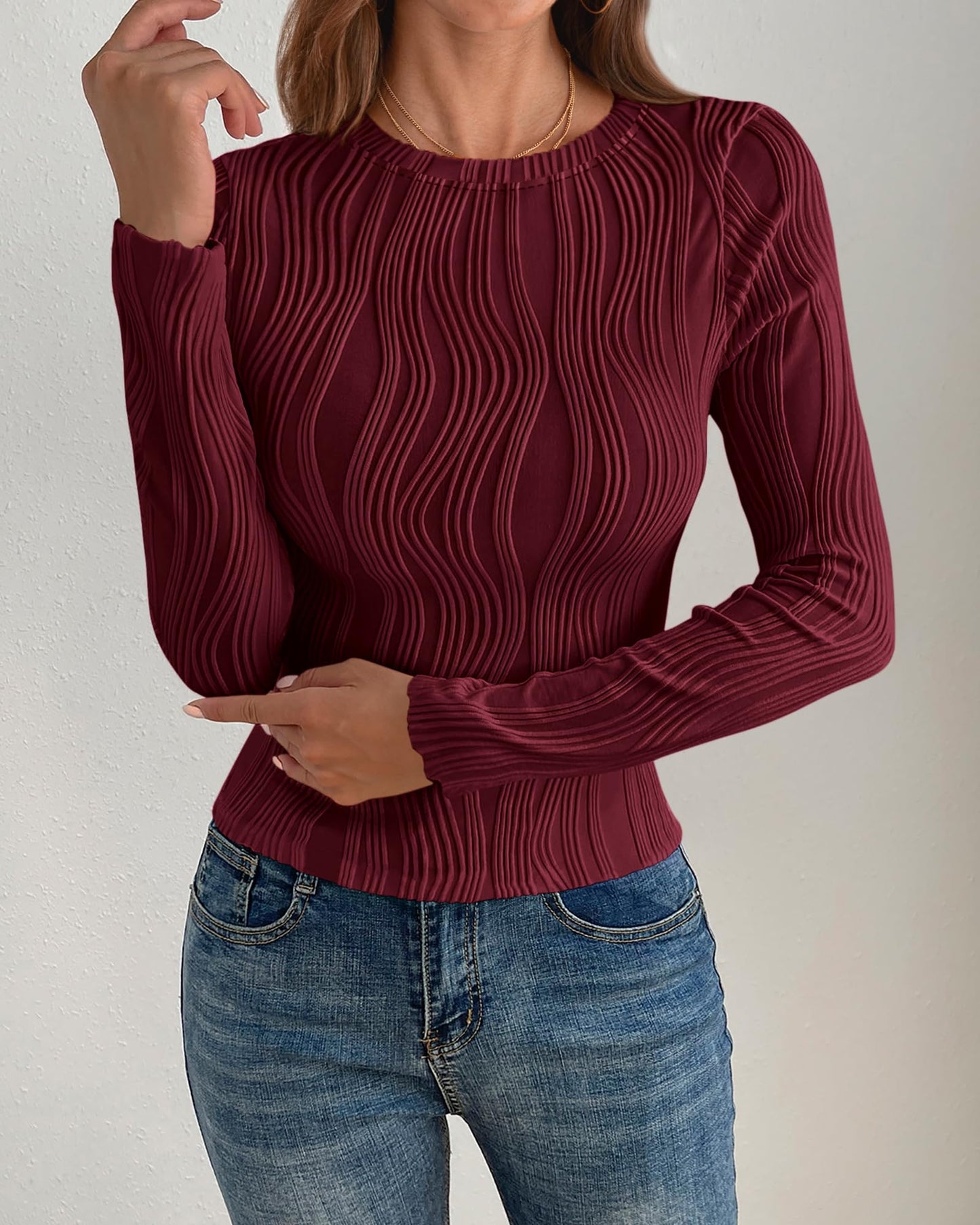 PRETTYGARDEN Women's Tops 2025 Spring Fashion Long Sleeve Crewneck Blouses Slim Fit Shirts Textured Knit Basic T Shirts(Khaki,Large)