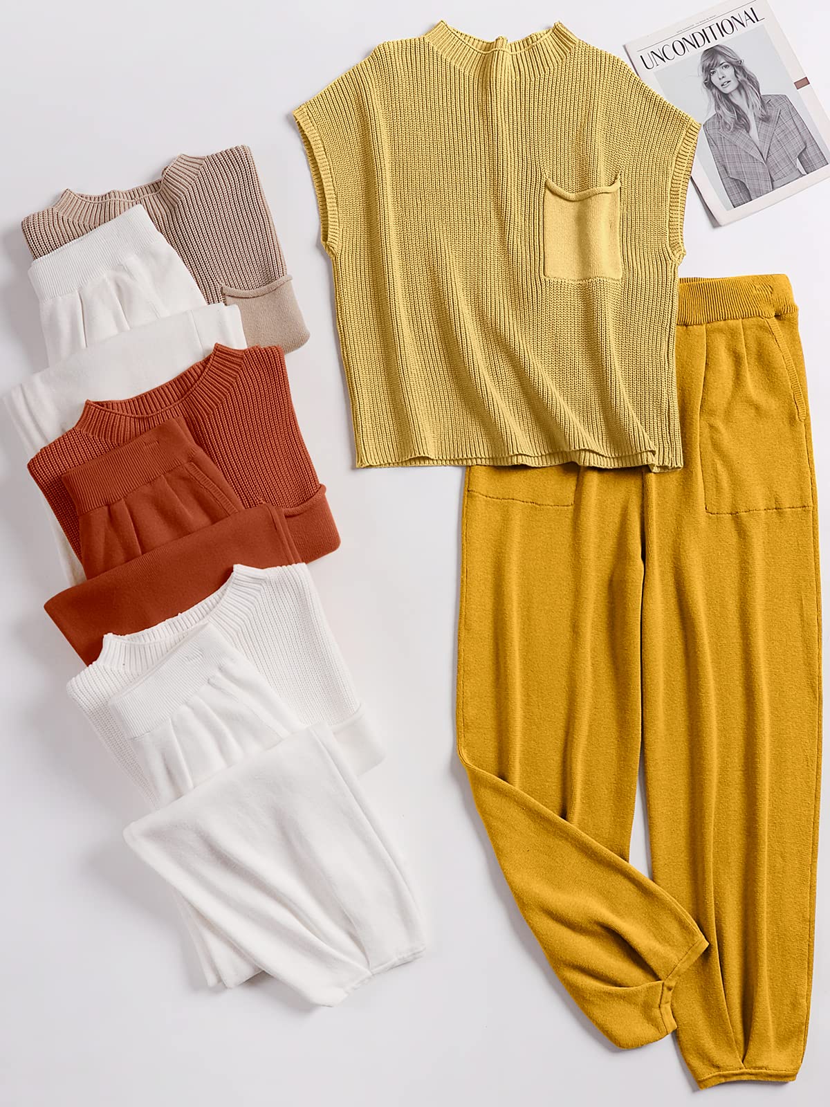 ANRABESS Women's Two Piece Outfits Knit Sweater Vest Crop Top Pants Lounge Matching Tracksuit Sweatsuit Travel Clothes Sets Pink X-Small