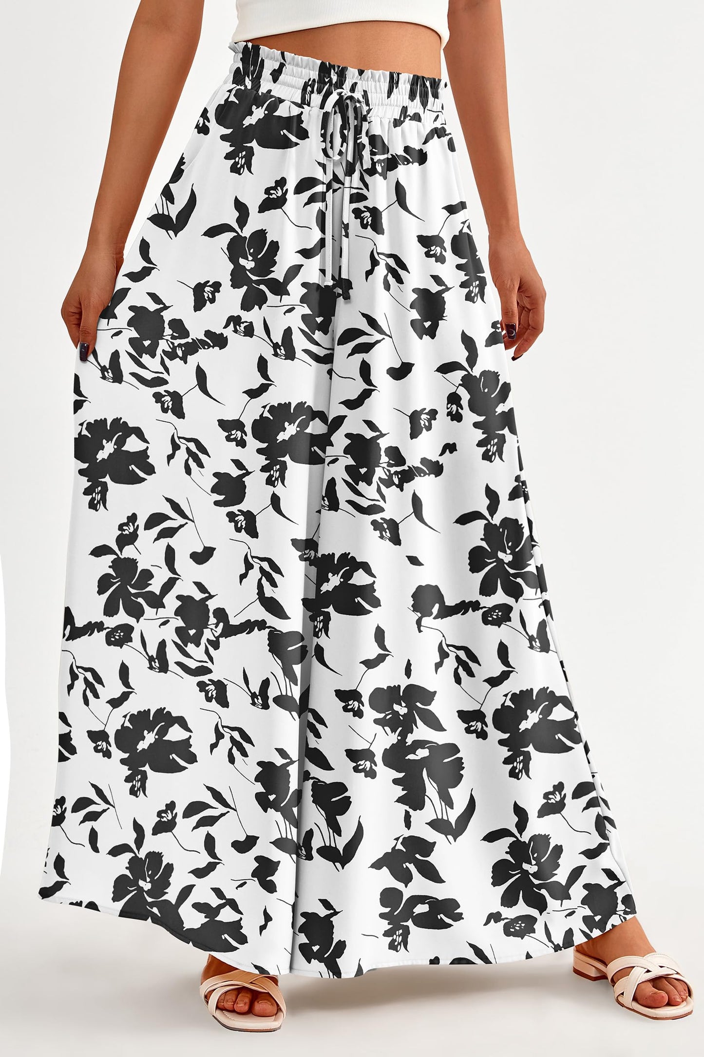 PRETTYGARDEN Women's 2025 Summer Wide Leg Palazzo Pants High Waisted Flowy Pockets Trendy Casual Lounge Boho Beach Trousers (Print Black,Small)
