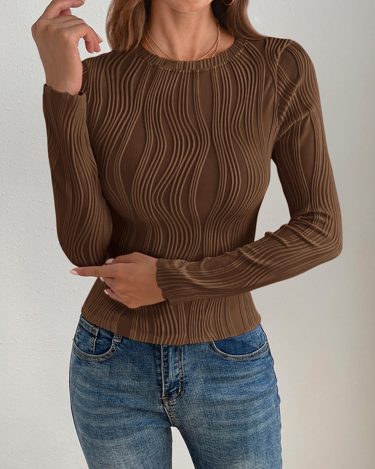 PRETTYGARDEN Women's Tops 2025 Spring Fashion Long Sleeve Crewneck Blouses Slim Fit Shirts Textured Knit Basic T Shirts(Khaki,Large)