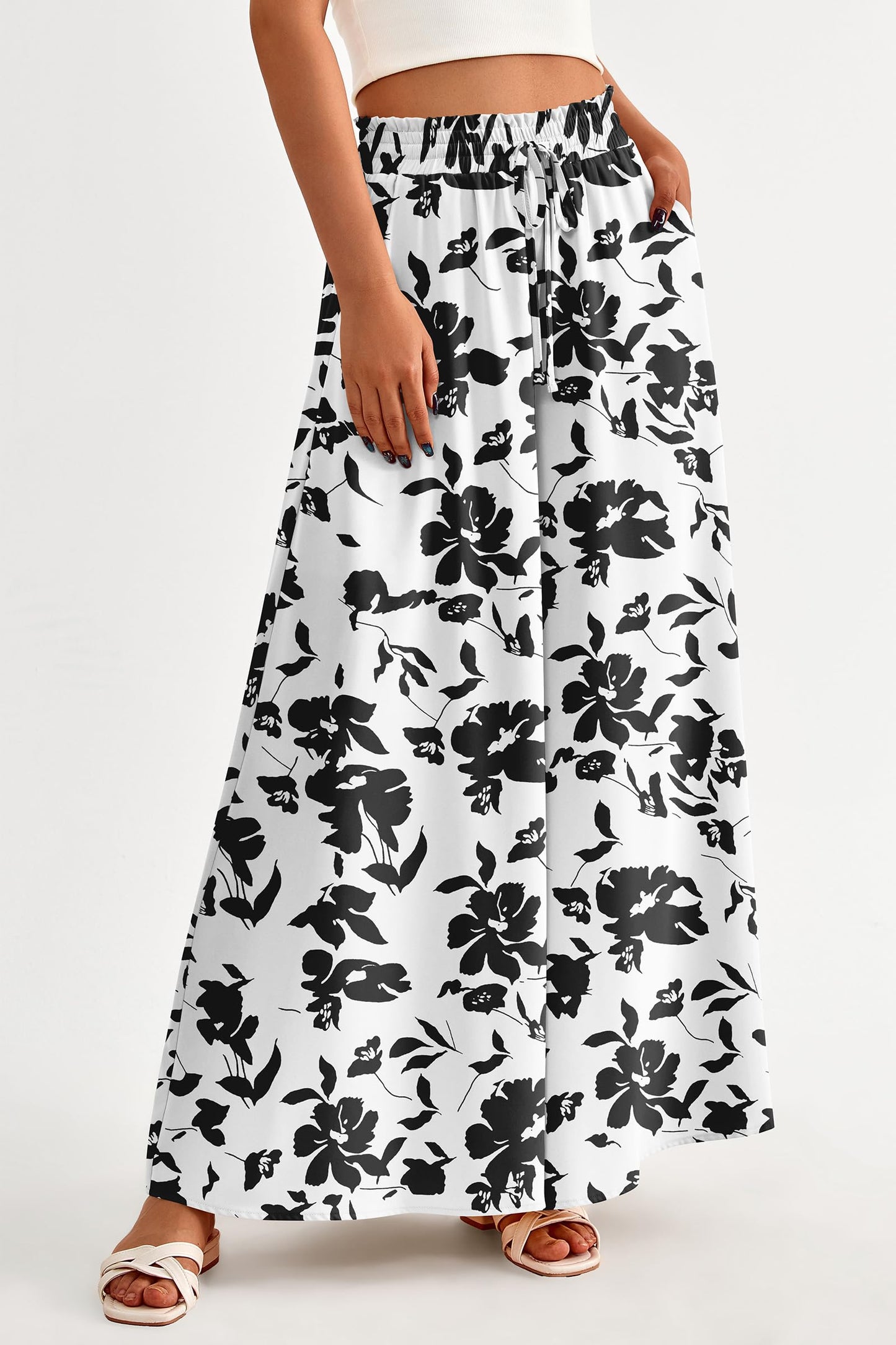 PRETTYGARDEN Women's 2025 Summer Wide Leg Palazzo Pants High Waisted Flowy Pockets Trendy Casual Lounge Boho Beach Trousers (Print Black,Small)