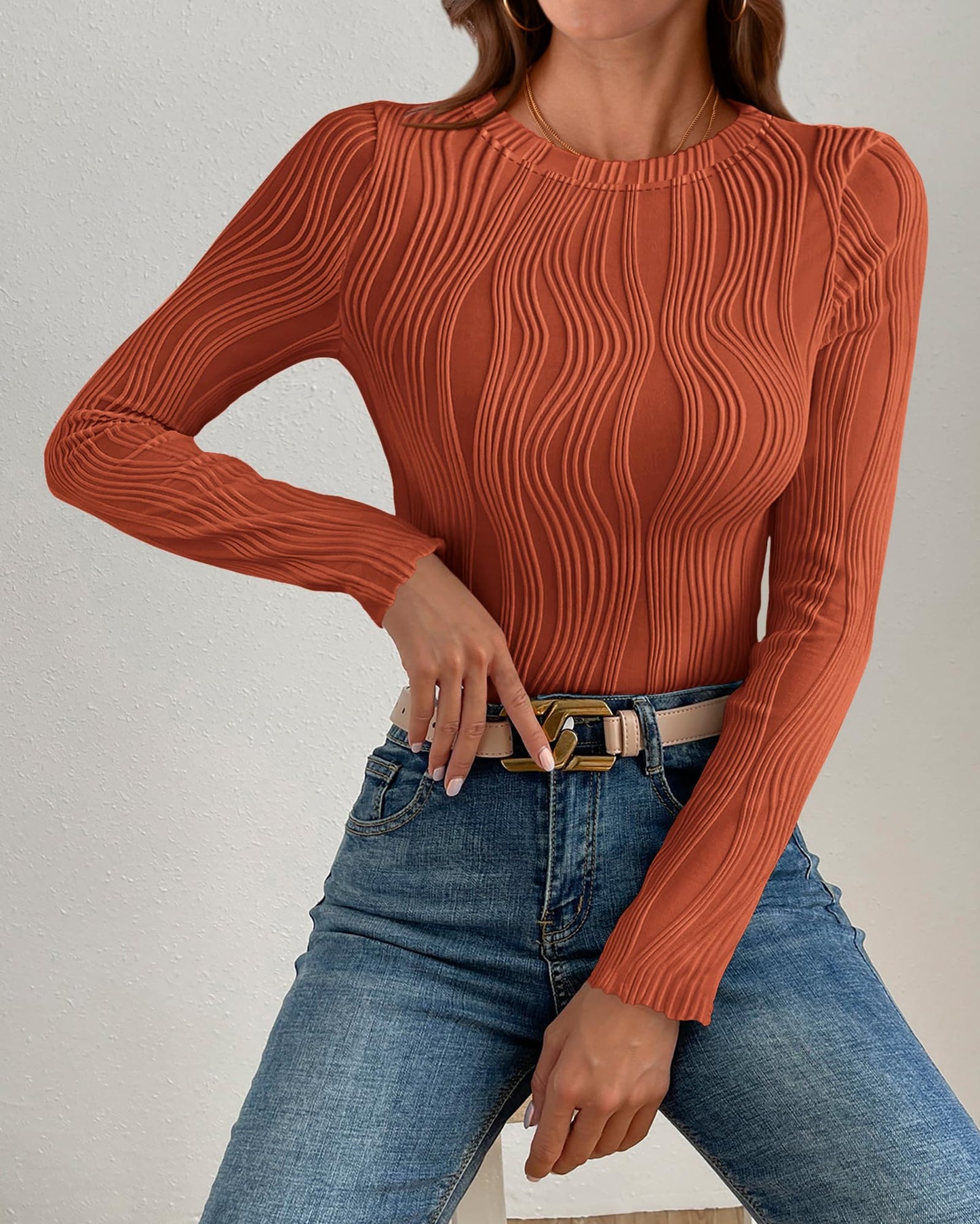 PRETTYGARDEN Women's Tops 2025 Spring Fashion Long Sleeve Crewneck Blouses Slim Fit Shirts Textured Knit Basic T Shirts(Khaki,Large)
