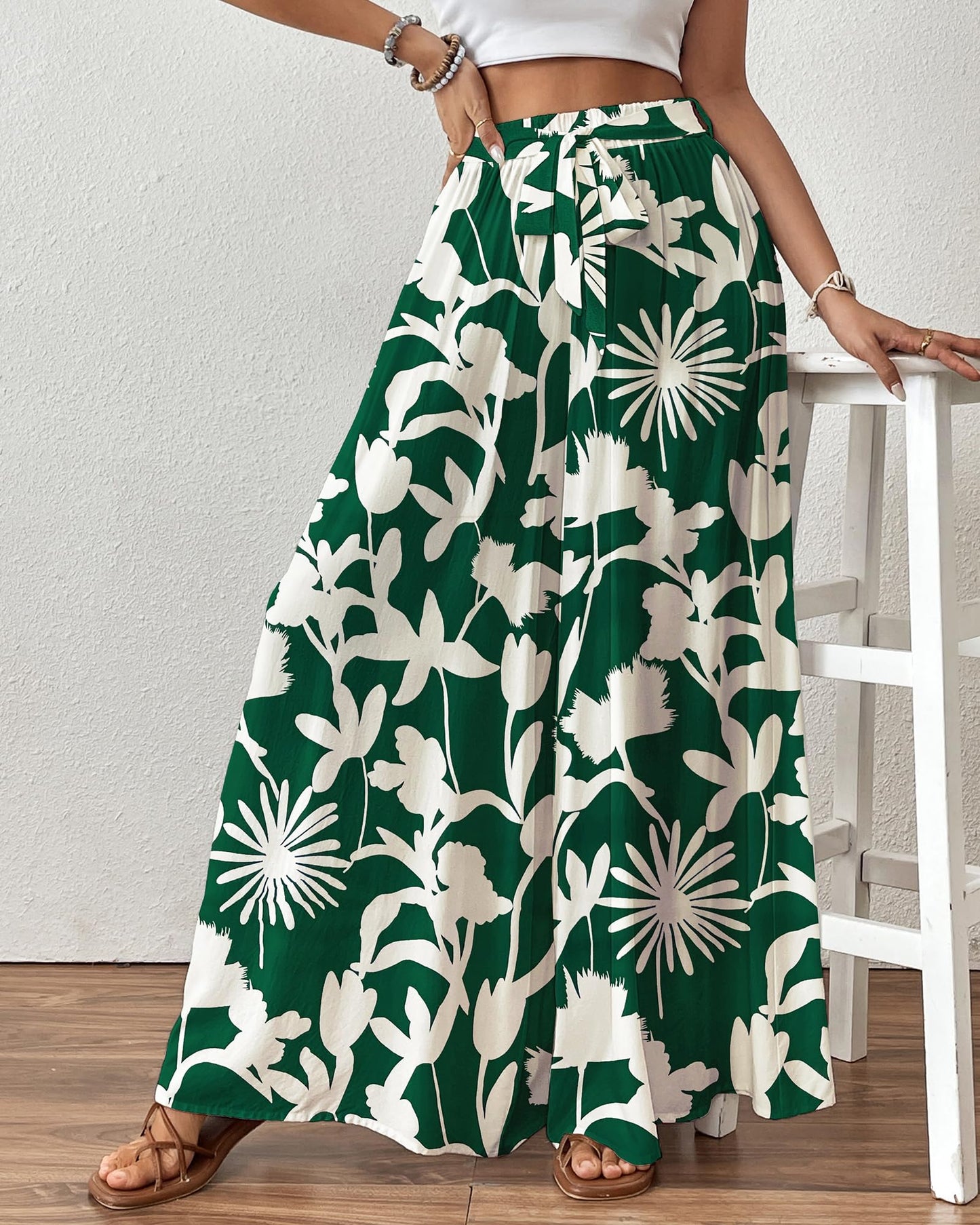 Bsubseach Wide Leg Pants Woman Flowy Floral Palazzo Pants for Women High Waisted Summer Casual Trousers Cruise Outfits Dark Green XS