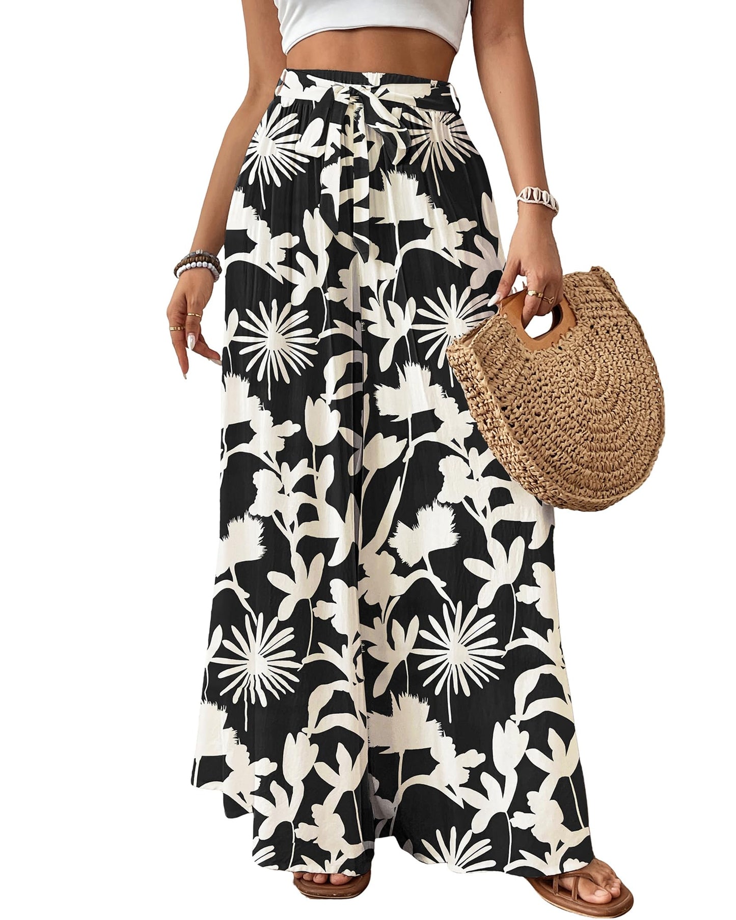 Bsubseach Wide Leg Pants Woman Flowy Floral Palazzo Pants for Women High Waisted Summer Casual Trousers Cruise Outfits Dark Green XS