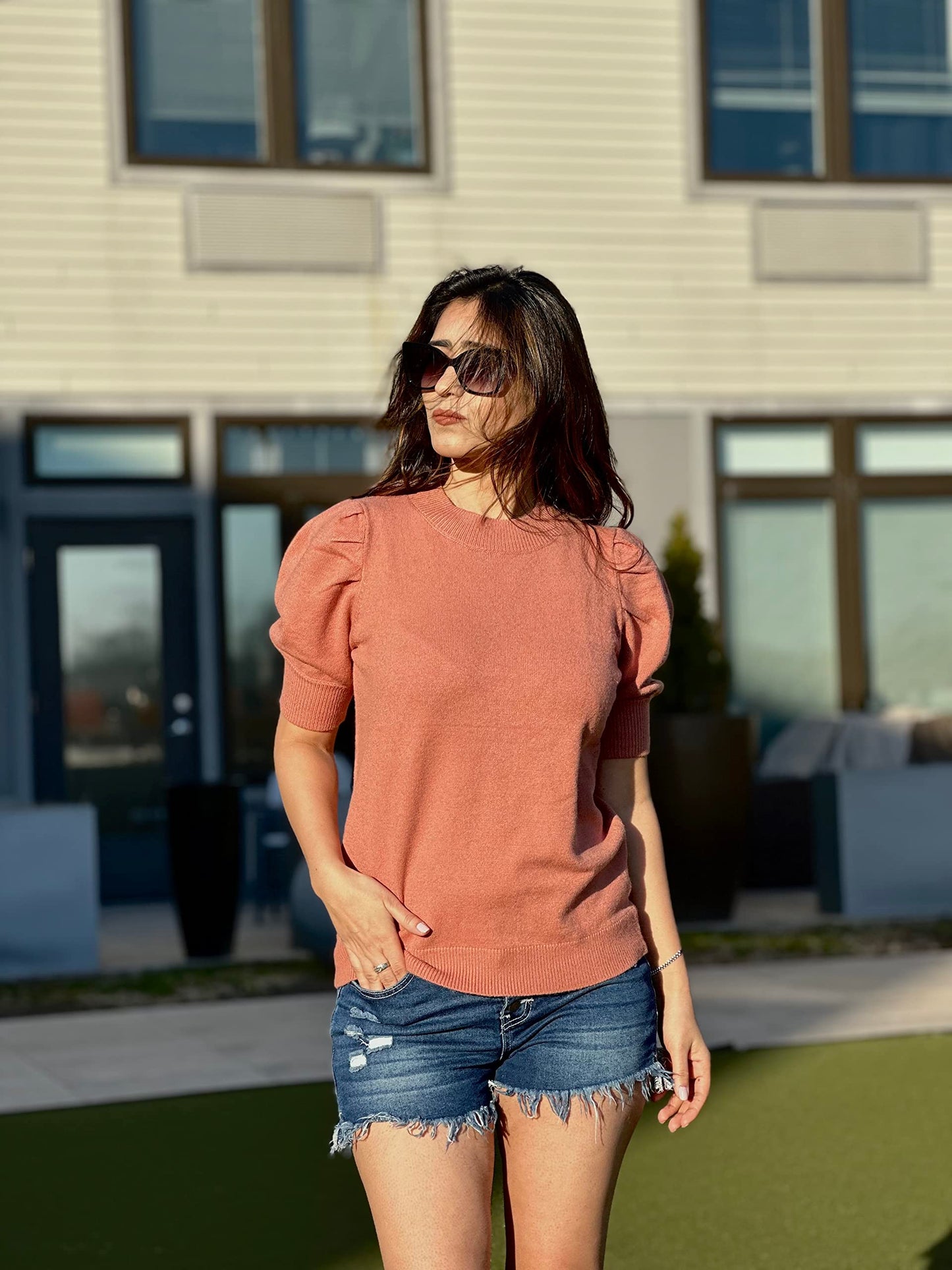 Women's Puff Short Sleeve Sweater Tops 2025 Spring Summer Trendy Crew Neck Casual T Shirts Blouses Beige