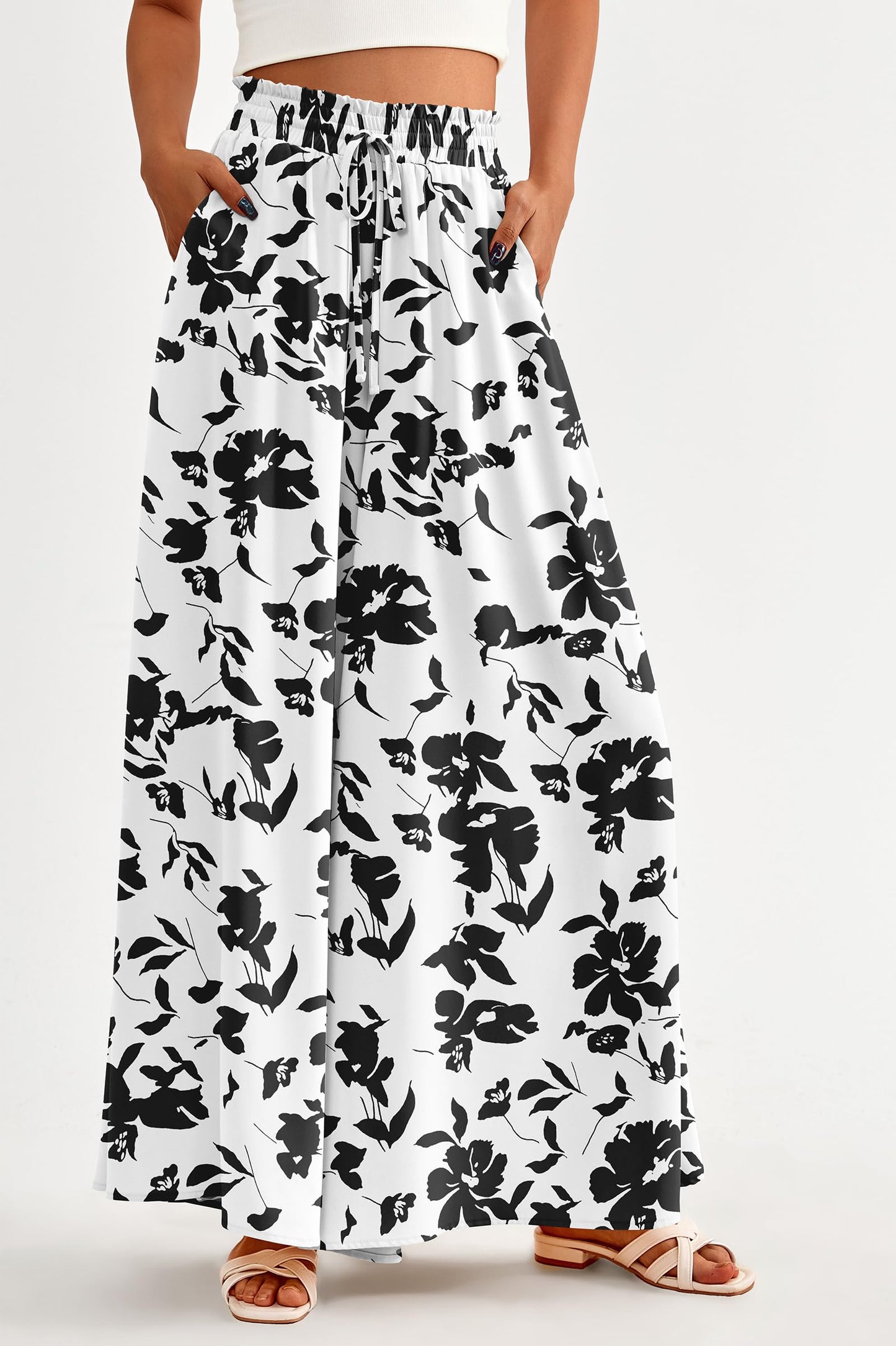 PRETTYGARDEN Women's 2025 Summer Wide Leg Palazzo Pants High Waisted Flowy Pockets Trendy Casual Lounge Boho Beach Trousers (Print Black,Small)
