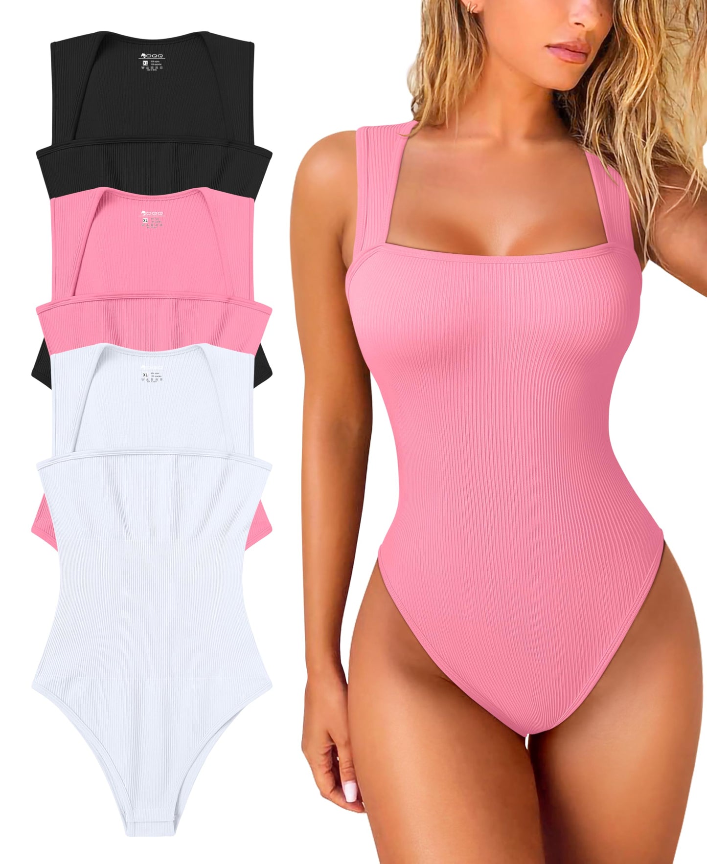 OQQ Women's 3 Piece Bodysuits Sexy Ribbed Strappy Square Neck Sleeveless Tummy Control Tank Tops Bodysuits Black Coffee Beige