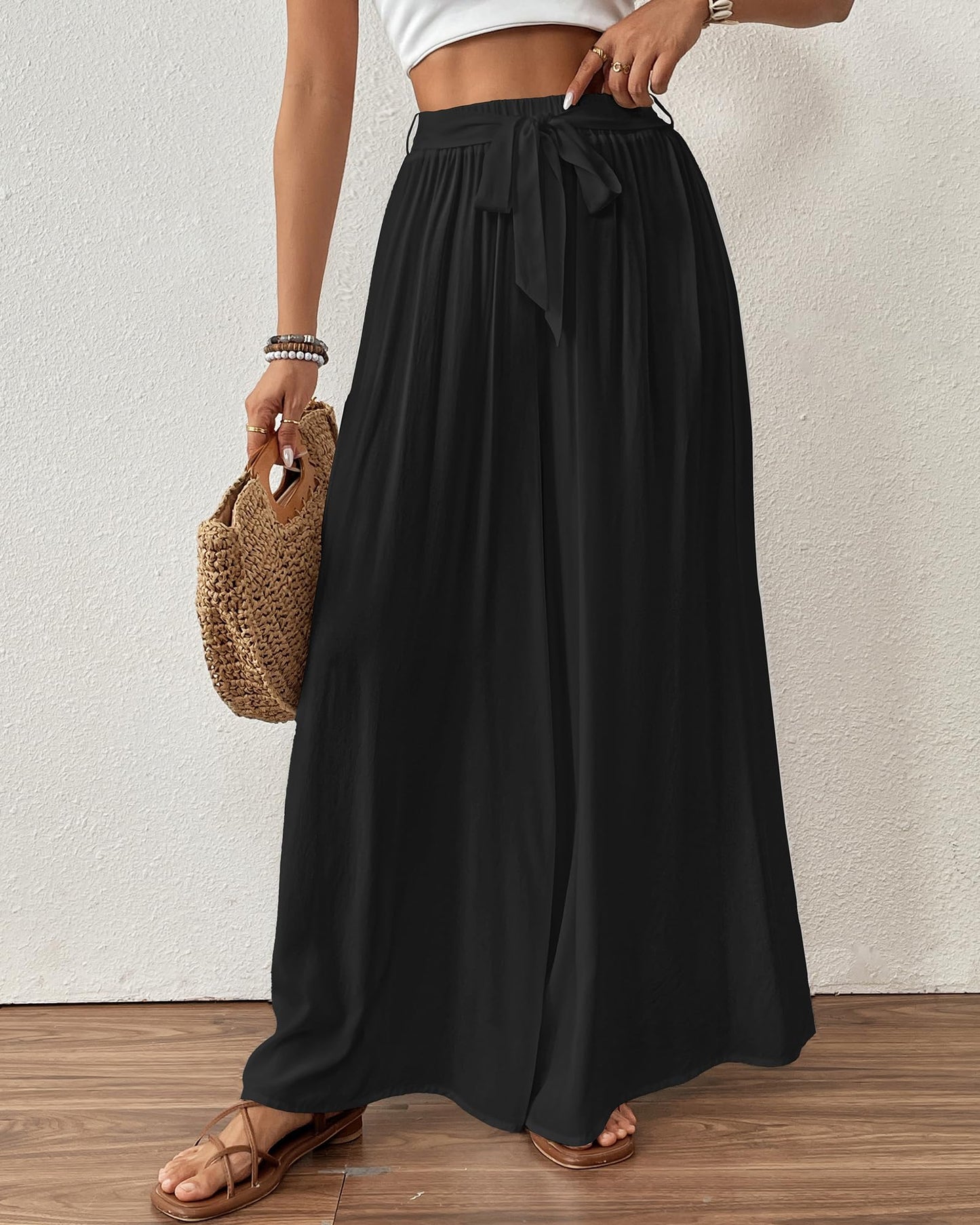 Bsubseach Wide Leg Pants Woman Flowy Floral Palazzo Pants for Women High Waisted Summer Casual Trousers Cruise Outfits Dark Green XS