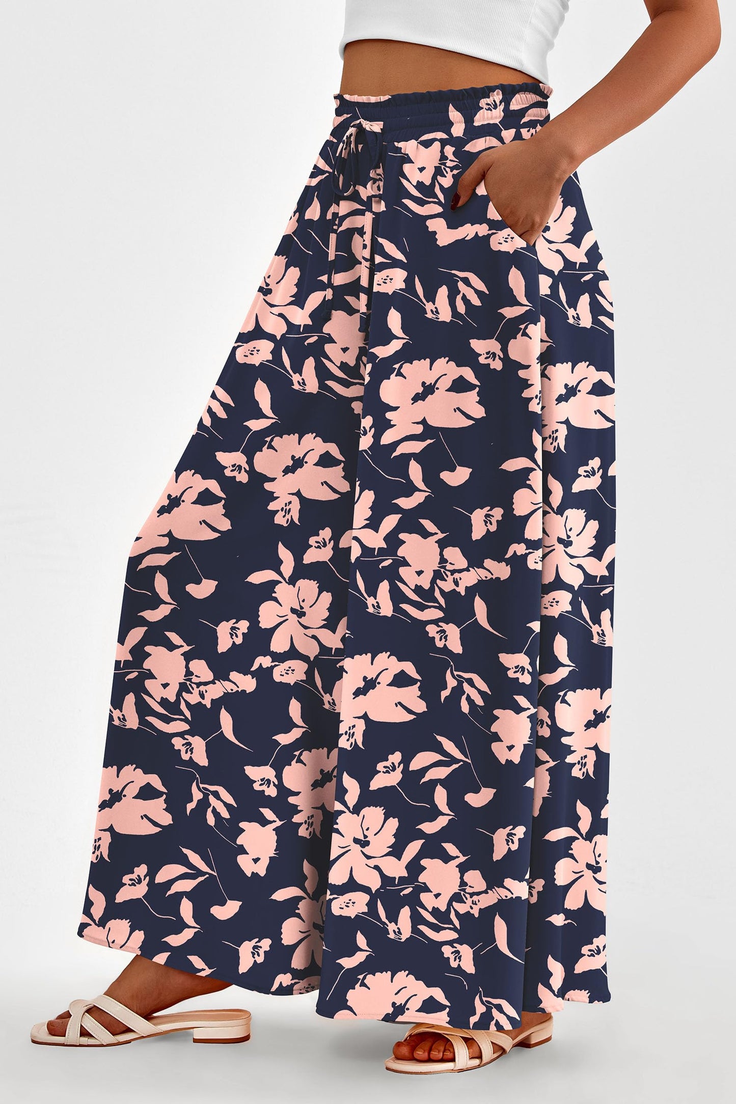 PRETTYGARDEN Women's 2025 Summer Wide Leg Palazzo Pants High Waisted Flowy Pockets Trendy Casual Lounge Boho Beach Trousers (Print Black,Small)