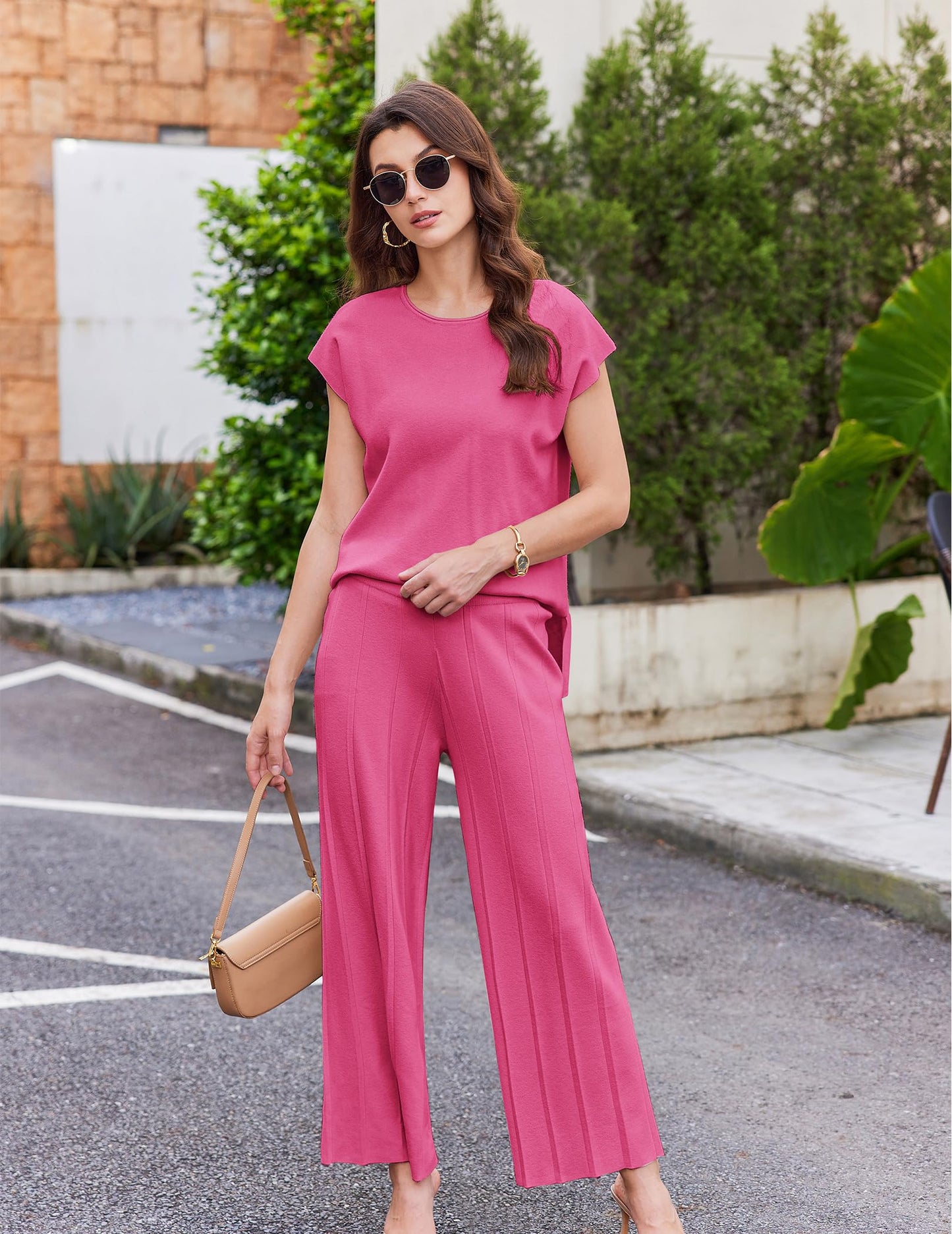 Ekouaer Lounge Sets for Women Two Piece Outfits Knit Cap Sleeve Tops Wide Leg Pleated Pants Casual Dressy Sweater Sets Beige