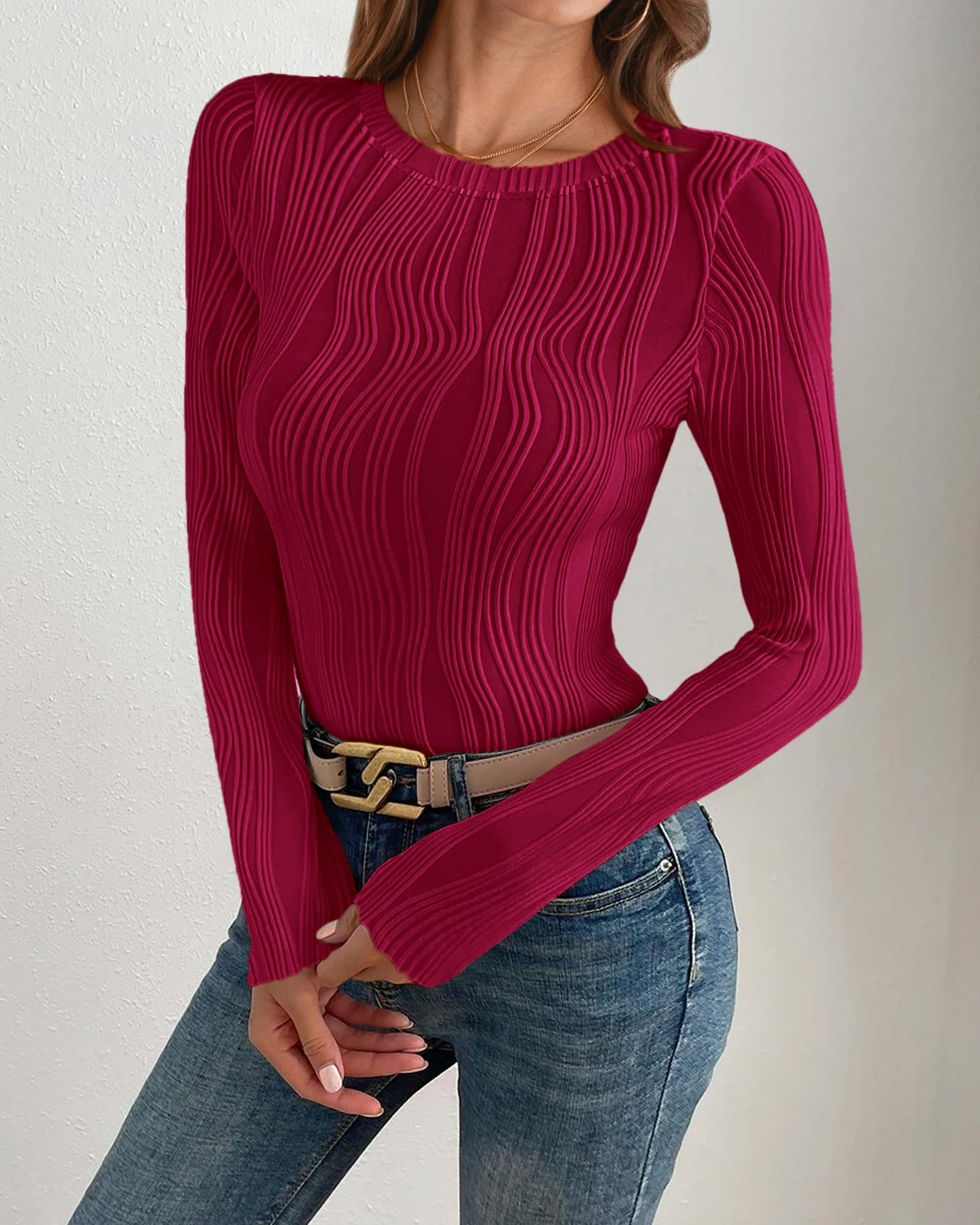PRETTYGARDEN Women's Tops 2025 Spring Fashion Long Sleeve Crewneck Blouses Slim Fit Shirts Textured Knit Basic T Shirts(Khaki,Large)
