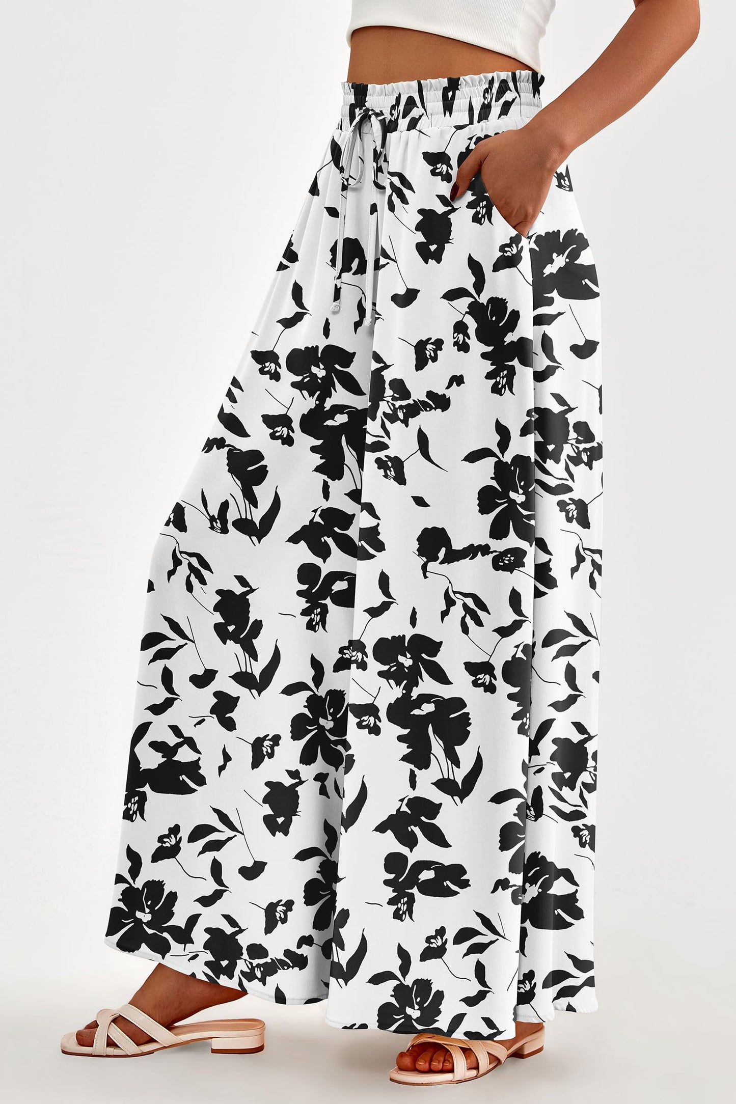 PRETTYGARDEN Women's 2025 Summer Wide Leg Palazzo Pants High Waisted Flowy Pockets Trendy Casual Lounge Boho Beach Trousers (Print Black,Small)