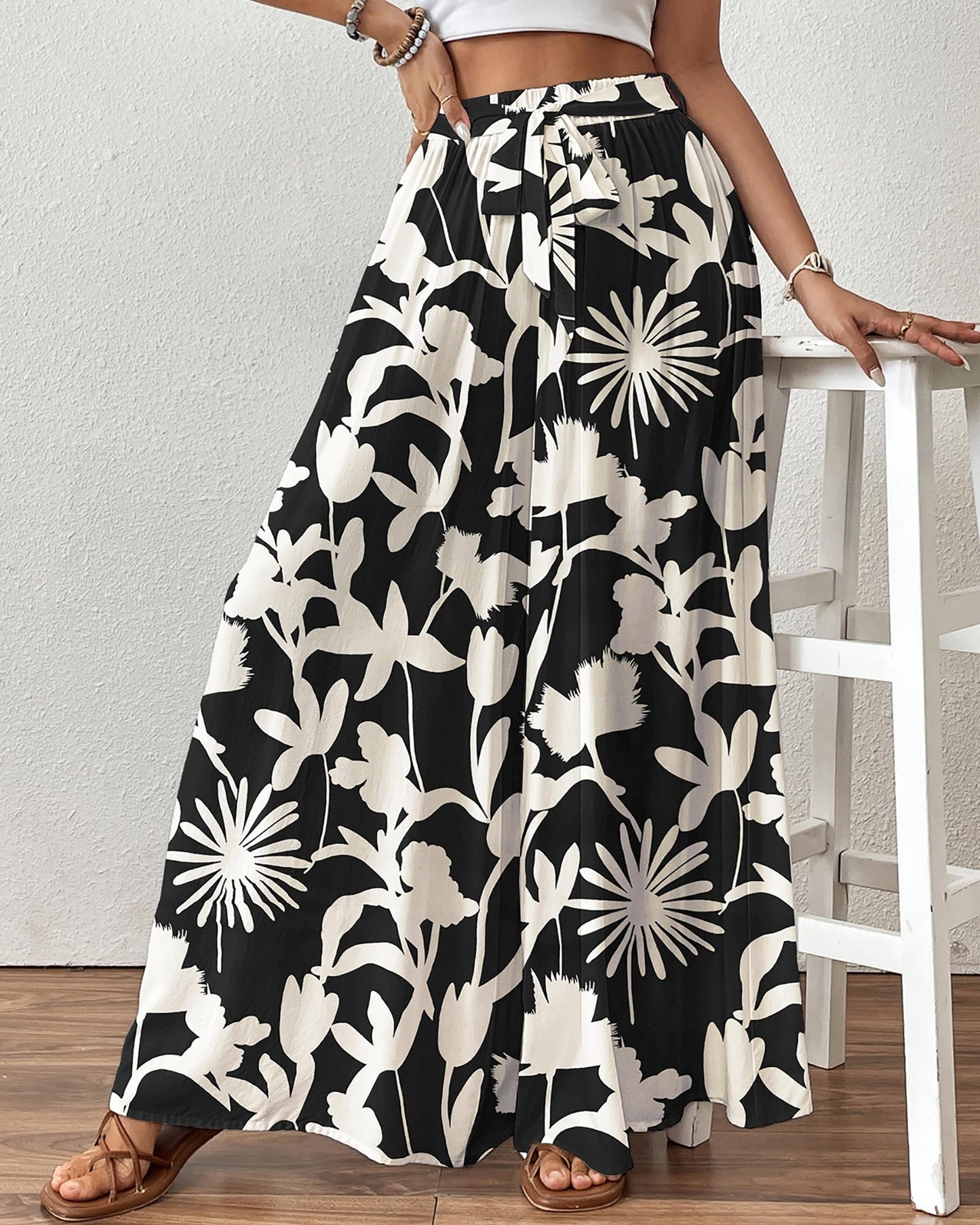 Bsubseach Wide Leg Pants Woman Flowy Floral Palazzo Pants for Women High Waisted Summer Casual Trousers Cruise Outfits Dark Green XS