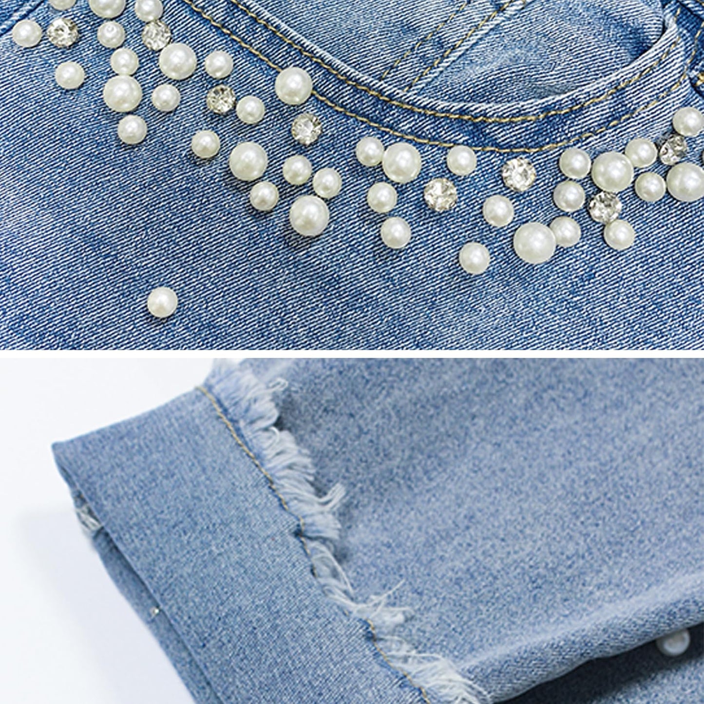 Cyparel Women's Rhinestone Jeans High Waist Pearls Beaded Fringe Tassels Frayed Butt Lifting Stretch Skinny Denim Pants Light Blue