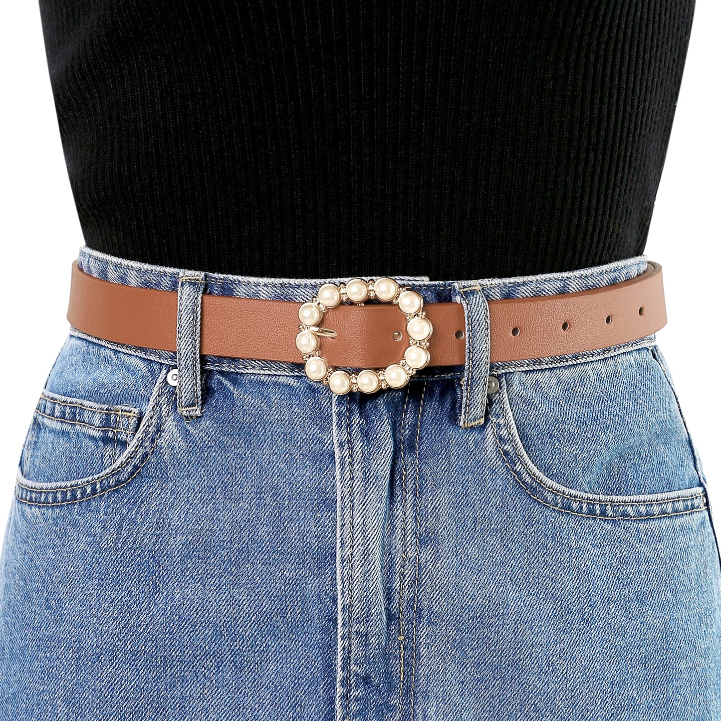 Allegra K Womens Pearl Waistband Skinny Leather Adjustable Pin Buckle Belt for Jeans Dresses Pants 75-90cm/29.53"-35.43" Black