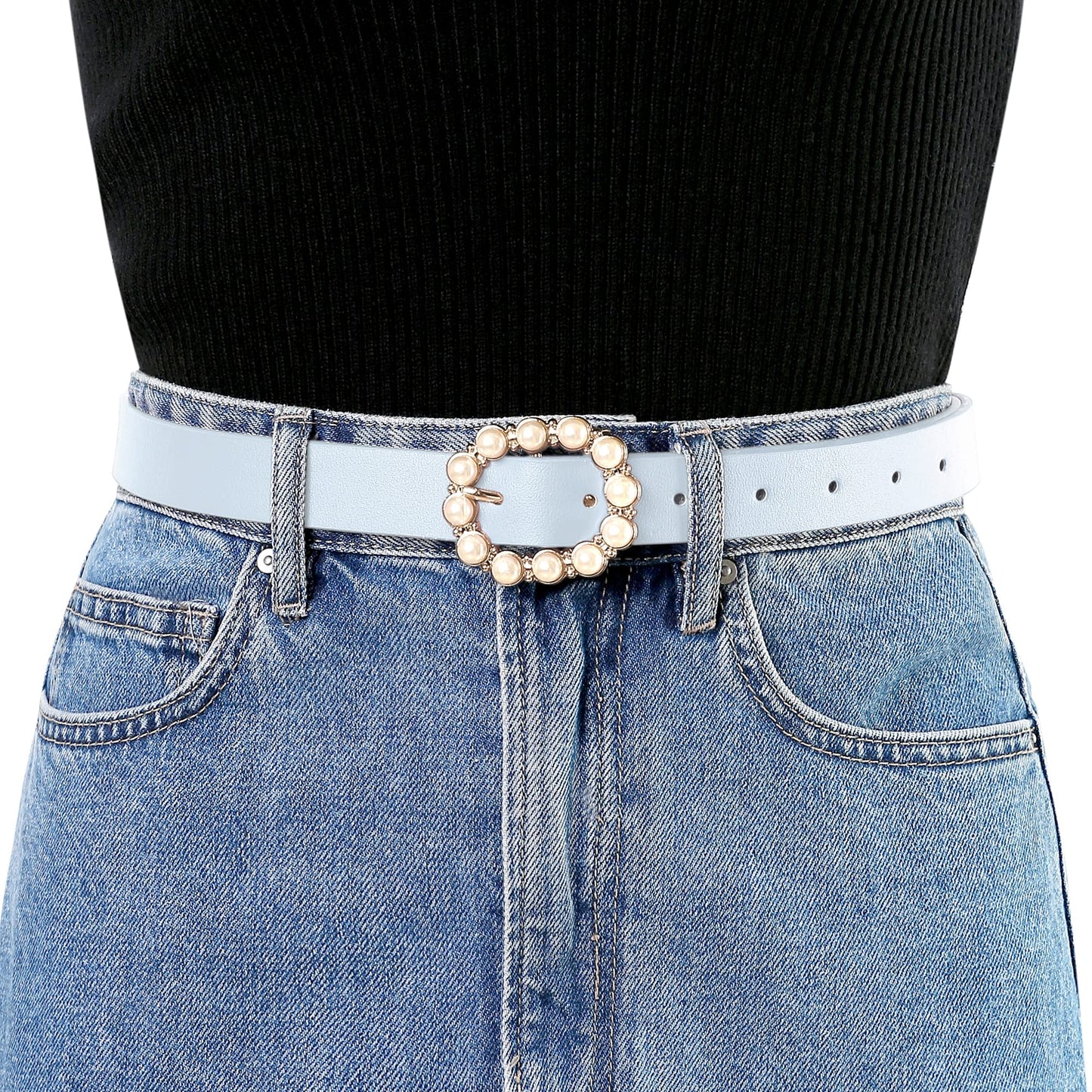 Allegra K Womens Pearl Waistband Skinny Leather Adjustable Pin Buckle Belt for Jeans Dresses Pants 75-90cm/29.53"-35.43" Black