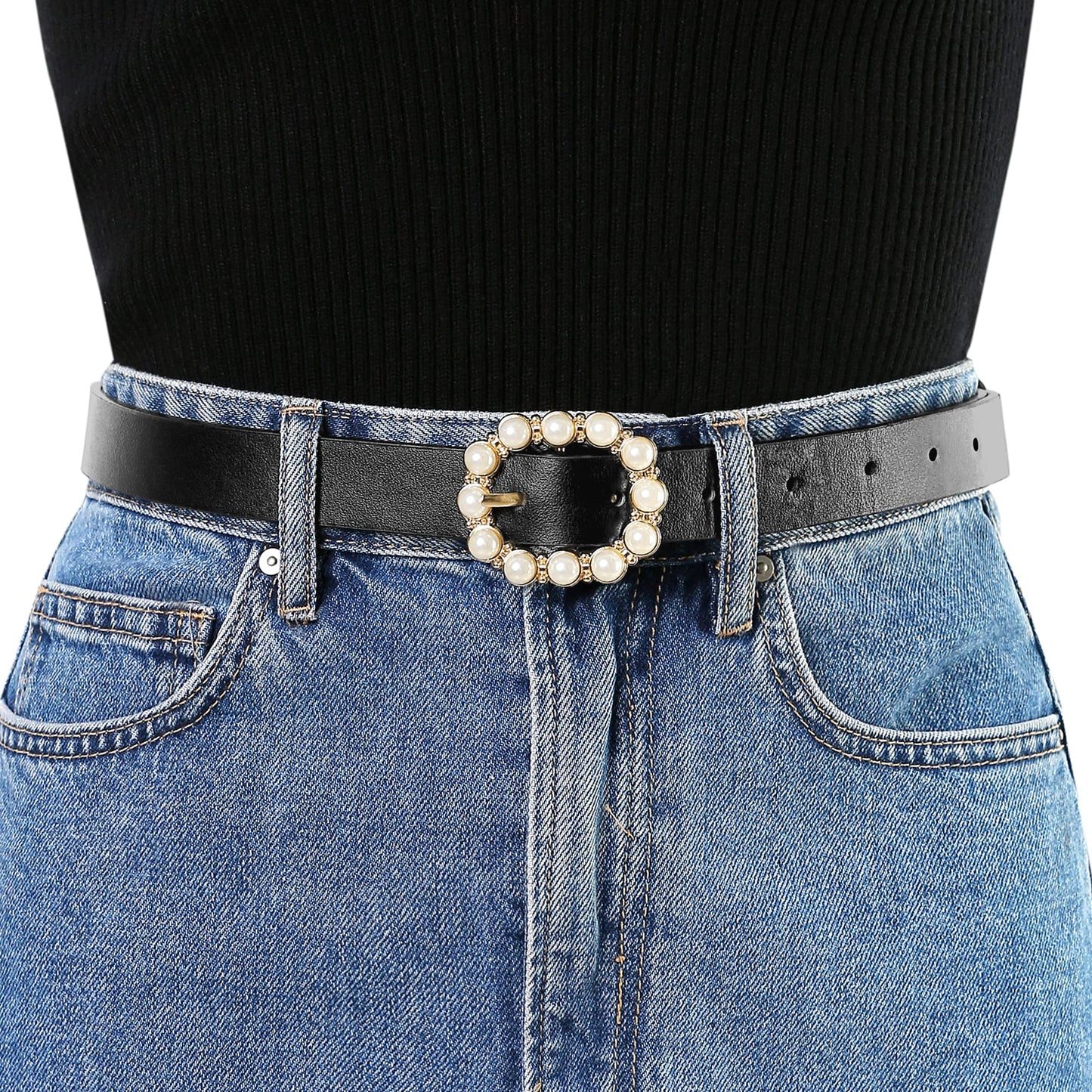 Allegra K Womens Pearl Waistband Skinny Leather Adjustable Pin Buckle Belt for Jeans Dresses Pants 75-90cm/29.53"-35.43" Black