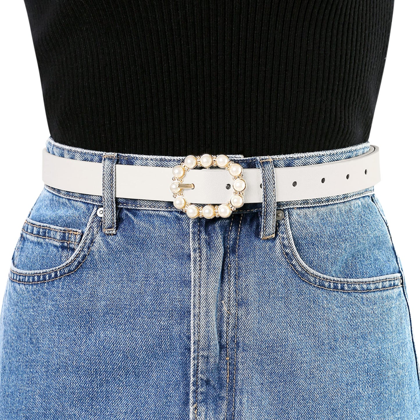 Allegra K Womens Pearl Waistband Skinny Leather Adjustable Pin Buckle Belt for Jeans Dresses Pants 75-90cm/29.53"-35.43" Black