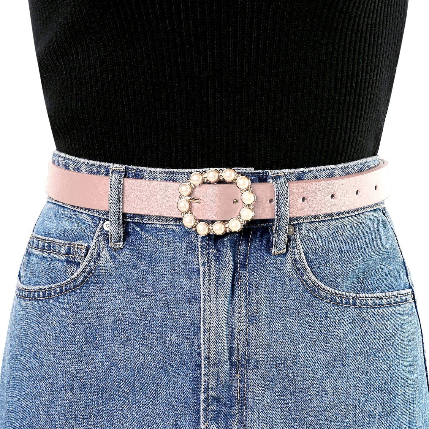 Allegra K Womens Pearl Waistband Skinny Leather Adjustable Pin Buckle Belt for Jeans Dresses Pants 75-90cm/29.53"-35.43" Black