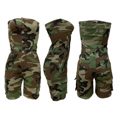Unybwonn Women's Sexy off Shoulder Tube Denim Cargo Jumpsuits Corset Y2k Jean Shorts Rompers Overalls