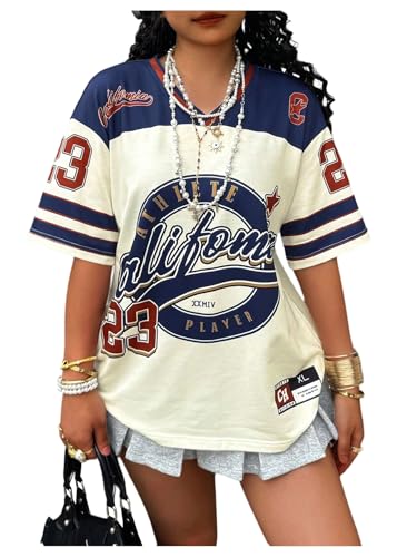 MakeMeChic Women's Jersey Shirts Number Graphic Oversized Y2K Tee Tops White Orange X-Small