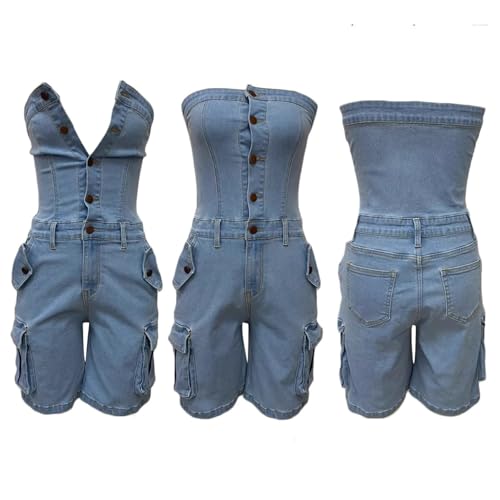 Unybwonn Women's Sexy off Shoulder Tube Denim Cargo Jumpsuits Corset Y2k Jean Shorts Rompers Overalls
