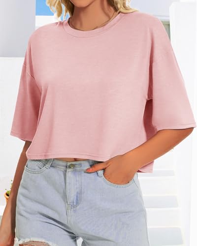 Summer Crop Tops for Womens Casual Half Sleeve Top Loose Fit Short Sleeve T Shirts Workout Oversized Tees(Black,M)
