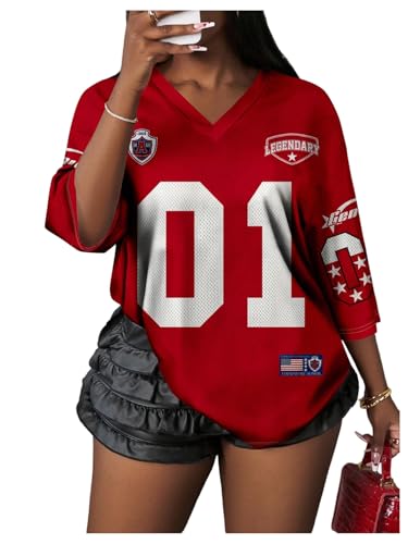 MakeMeChic Women's Jersey Shirts Number Graphic Oversized Y2K Tee Tops White Orange X-Small