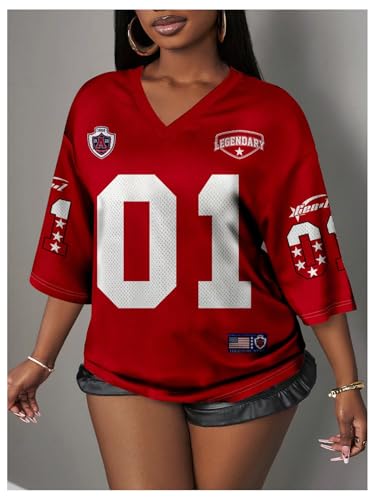 MakeMeChic Women's Jersey Shirts Number Graphic Oversized Y2K Tee Tops White Orange X-Small