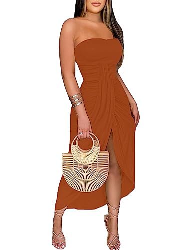 Umenlele Women's Strapless Ruched High Waist Wrap Split Asymmetrical Beach Maxi Long Dress White Floral#3 Small