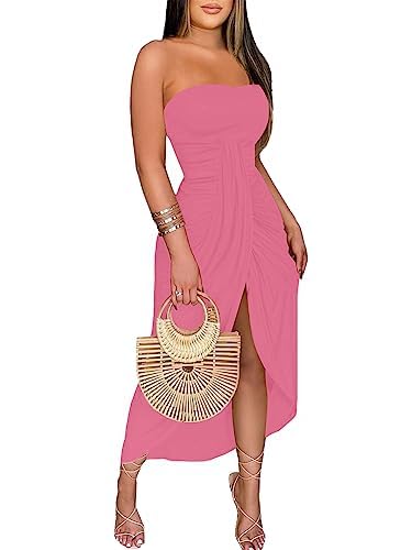Umenlele Women's Strapless Ruched High Waist Wrap Split Asymmetrical Beach Maxi Long Dress White Floral#3 Small
