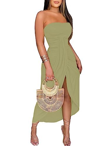 Umenlele Women's Strapless Ruched High Waist Wrap Split Asymmetrical Beach Maxi Long Dress White Floral#3 Small