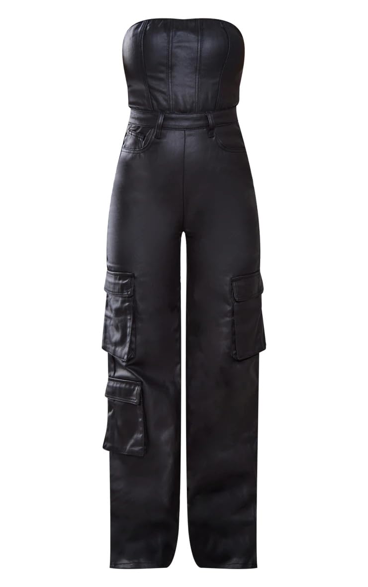 REASERAL Womens PU Leather Jumpsuit Sexy Off the Shoulder Top Tight Waist Cargo Pants Bodysuit