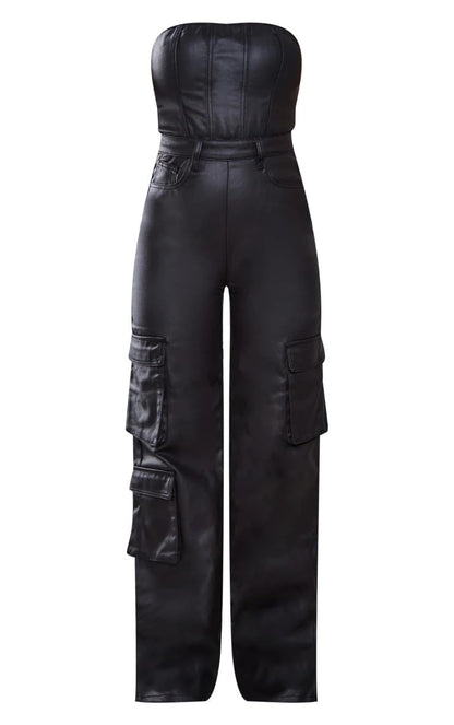 REASERAL Womens PU Leather Jumpsuit Sexy Off the Shoulder Top Tight Waist Cargo Pants Bodysuit