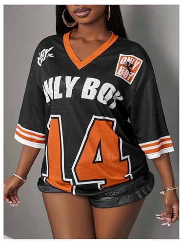 MakeMeChic Women's Jersey Shirts Number Graphic Oversized Y2K Tee Tops White Orange X-Small