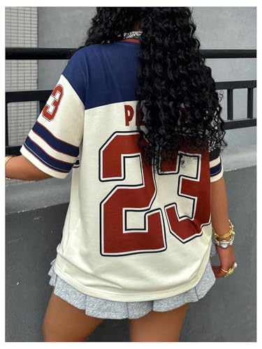 MakeMeChic Women's Jersey Shirts Number Graphic Oversized Y2K Tee Tops White Orange X-Small