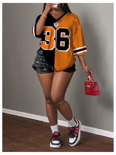 MakeMeChic Women's Jersey Shirts Number Graphic Oversized Y2K Tee Tops White Orange X-Small