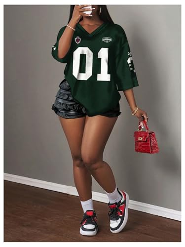 MakeMeChic Women's Jersey Shirts Number Graphic Oversized Y2K Tee Tops White Orange X-Small