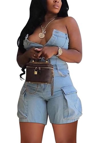 Unybwonn Women's Sexy off Shoulder Tube Denim Cargo Jumpsuits Corset Y2k Jean Shorts Rompers Overalls